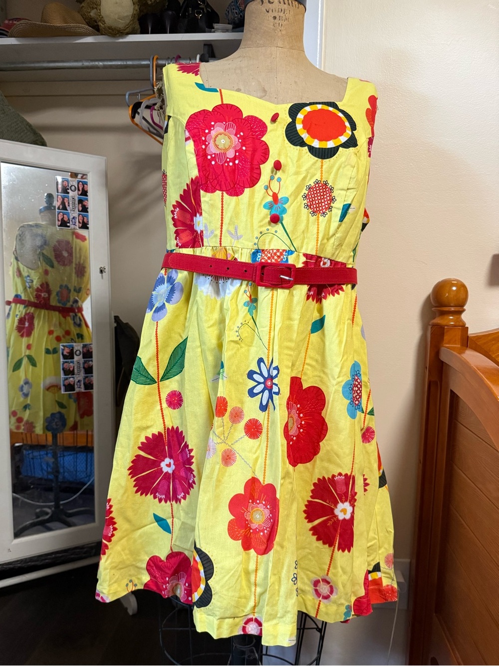 Modcloth Yellow Floral Sundress with Red Belt